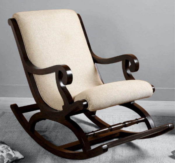 Classic Wooden Rocking Chair with Beige Upholstery for Relaxation